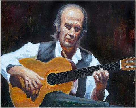 Guitariste (toile de lin), Huile sur toile de lin, 92 × 73 cm, Leo Novoro