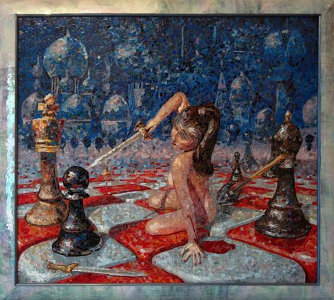 Jeu, Mosaïque verre sur bois, 135 × 120 cm, 2015, Leo Novoro